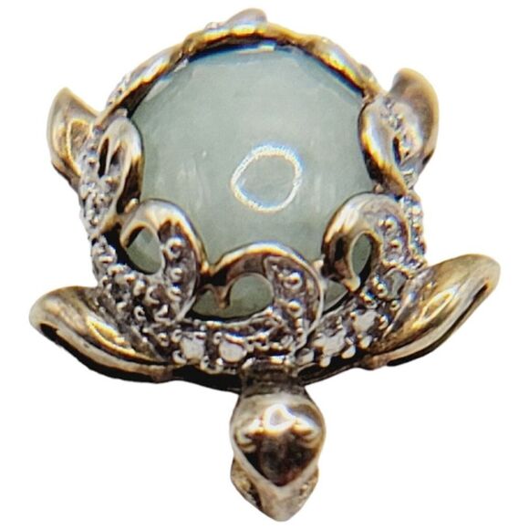Sterling Silver 925 Vermeil Turtle Necklace Pendant Natural Jadeite and Diamonds - Picture 7 of 13